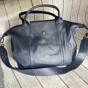 Longchamp leather Modele Depose tote bag navy, small